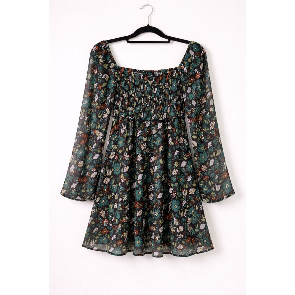 Revamped Floral Smocked Mini Dress XS Sheer Sleeve Fairycore Whimsigoth